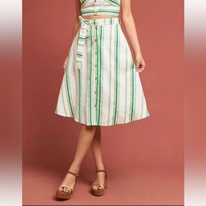 HUTCH ANTHROPOLOGIE Baracoa Striped Skirt Green Ivory Button Front Size 00 New